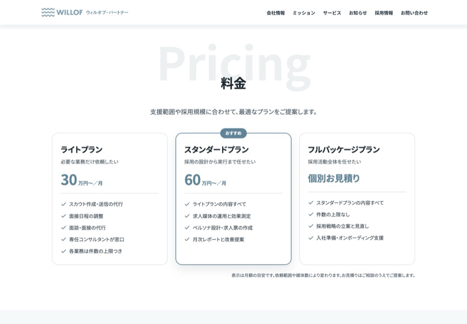 ウィルオブ・パートナー 採用代行 のパソコン表示